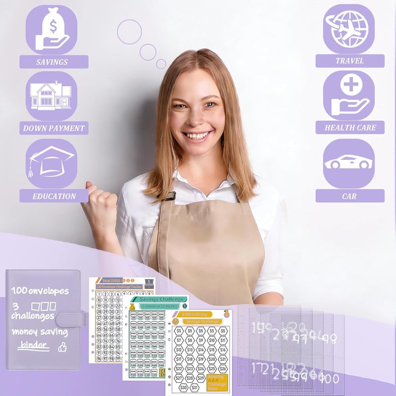 Antner 100 Envelopes Money Saving Challenge Binder, Savings Challenges Book with Envelopes & 3 Challenge Trackers to Save $5,050 and $500 and $10,000, A5 Budget Binder Money Saving Book, Purple - Image 2